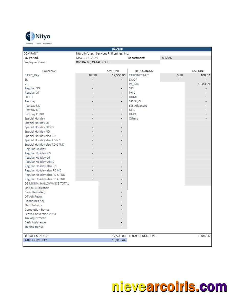 Nityo Infotech Services Philippines payslip